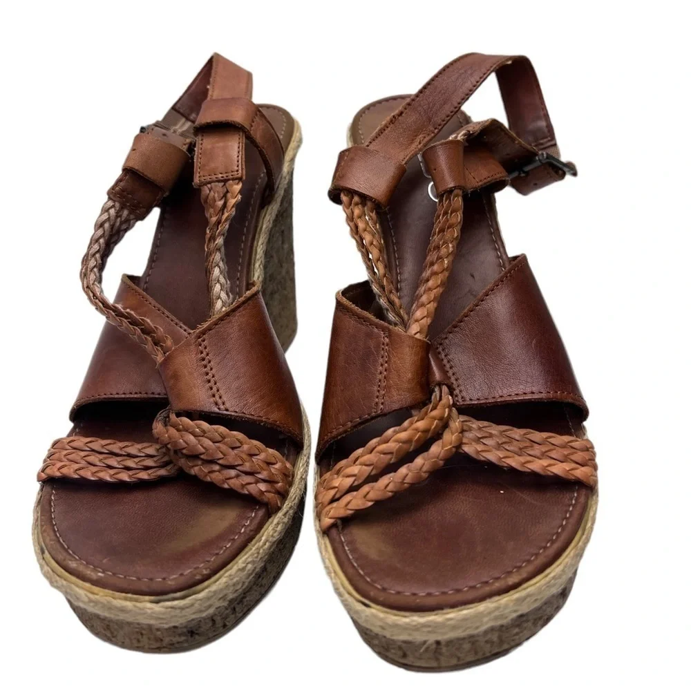 Aldo Tan Cognac Braided Vegan Leather Crisscross Keyhole Wedge Size 38 US 7.5